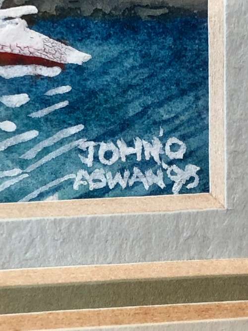 WOW !!! BEAUTIFUL FRAMED WATERCOLOR OF BOATS MOORED ON A BEACH SIGNED JOHN'O ASWAN 1994