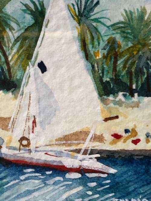 WOW !!! BEAUTIFUL FRAMED WATERCOLOR OF BOATS MOORED ON A BEACH SIGNED JOHN'O ASWAN 1994