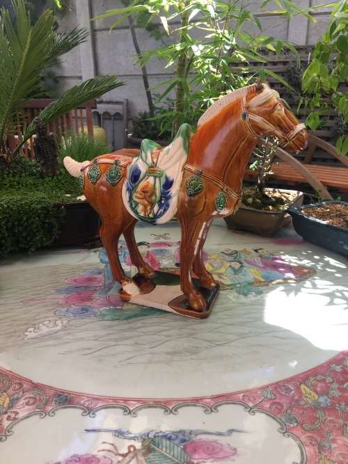 Beautiful Vintage Hand Made Chinese Tang Sancai Glazed Horse. Makers Seal On Base