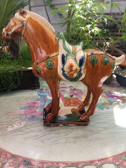 Beautiful Vintage Hand Made Chinese Tang Sancai Glazed Horse. Makers Seal On Base