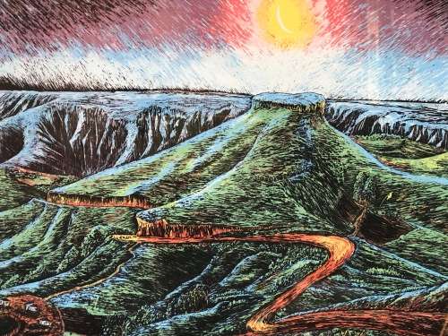 MZUZILE MDUDUZI XAKAZA - SA ARTIST - LIMITED EDITION 4/30 - LANDSCAPE WITH ROAD TO VUMA - FRAMED