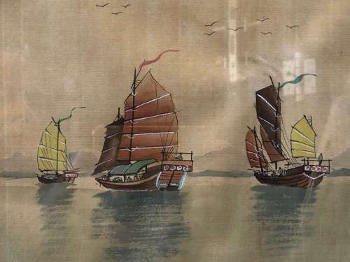 WOW !!! CHINESE SILK PAINTING OF JUNK SHIPS - SIGNED AND FRAMED - A TRUE CLASSIC
