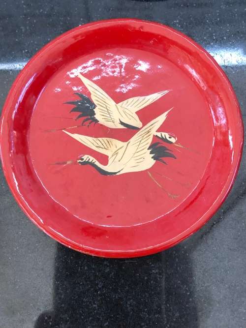 WOW !!! STUNNING RED LACQUERED SET OF BAMBOO CHINESE COASTERS WITH CRANES