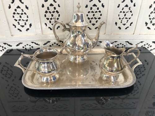 WOW !!! GORGEOUS VINTAGE SILVER PLATED TEA SET ON A SILVER PLATED TWIN HANDLED TRAY