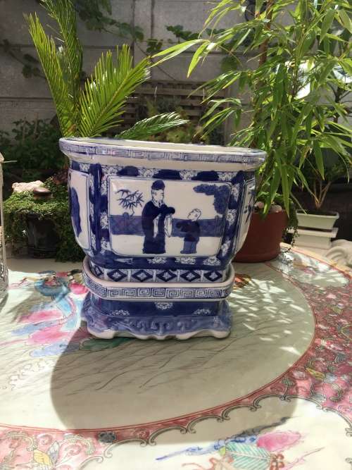Rare Chinese Qianlong Marked Oval Hand Painted Blue Porcelain Plant Stand on Porcelain Base.