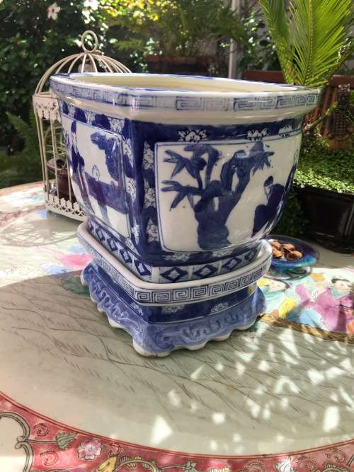 Rare Chinese Qianlong Marked Oval Hand Painted Blue Porcelain Plant Stand on Porcelain Base.