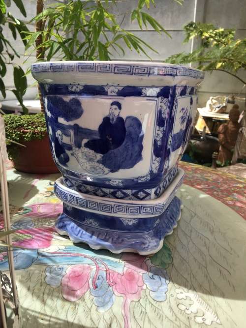 Rare Chinese Qianlong Marked Oval Hand Painted Blue Porcelain Plant Stand on Porcelain Base.