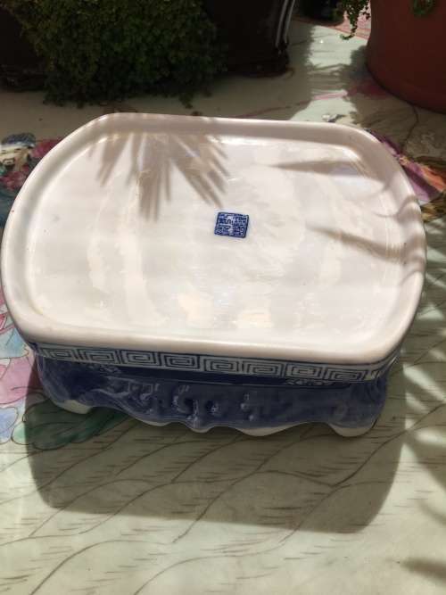 Rare Chinese Qianlong Marked Oval Hand Painted Blue Porcelain Plant Stand on Porcelain Base.