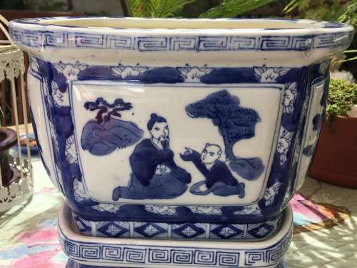 Rare Chinese Qianlong Marked Oval Hand Painted Blue Porcelain Plant Stand on Porcelain Base.