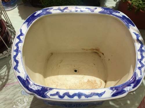 Rare Chinese Qianlong Marked Oval Hand Painted Blue Porcelain Plant Stand on Porcelain Base.