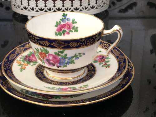 Ultra Rare Antique c1906 Crown Staffordshire England Fine China Tea Trio. Gold,Blue & Floral. Std sz