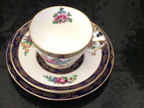 Ultra Rare Antique c1906 Crown Staffordshire England Fine China Tea Trio. Gold,Blue & Floral. Std sz