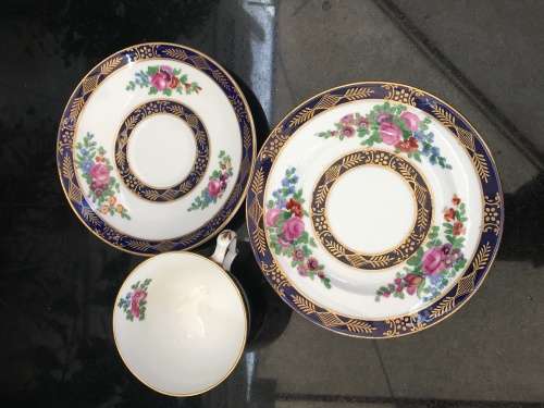 Ultra Rare Antique c1906 Crown Staffordshire England Fine China Tea Trio. Gold,Blue & Floral. Std sz