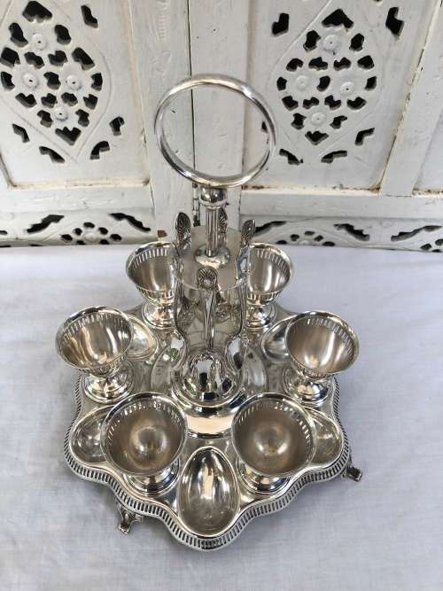 WOW !!! FANTASTIC LARGE SILVERPLATE EGG CADDY WITH 6 CUPS AND SPOONS - JAMES DIXON AND SONS