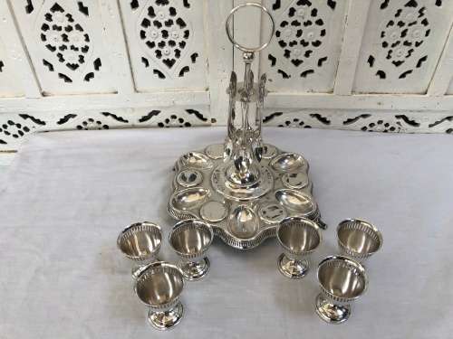 WOW !!! FANTASTIC LARGE SILVERPLATE EGG CADDY WITH 6 CUPS AND SPOONS - JAMES DIXON AND SONS
