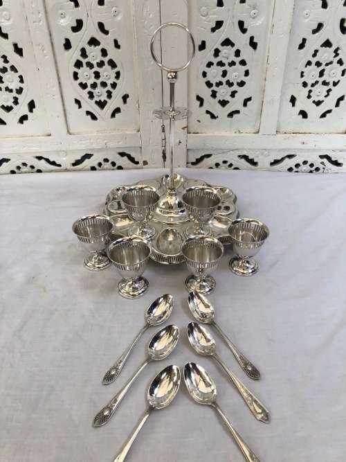 WOW !!! FANTASTIC LARGE SILVERPLATE EGG CADDY WITH 6 CUPS AND SPOONS - JAMES DIXON AND SONS