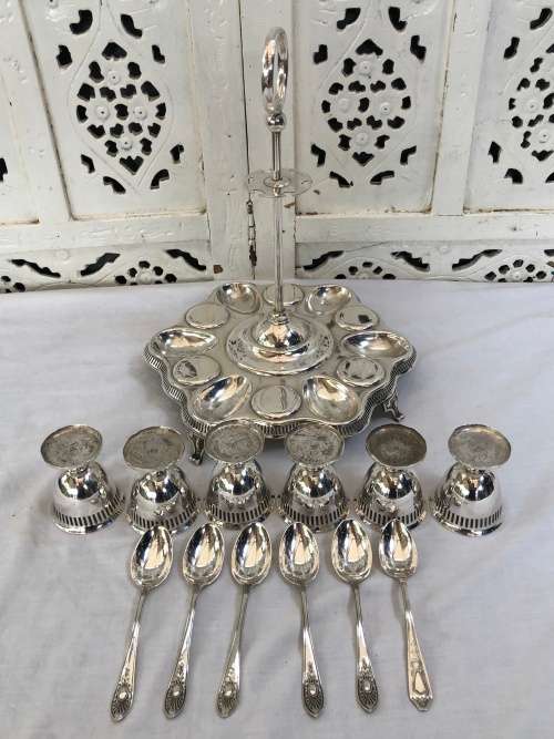 WOW !!! FANTASTIC LARGE SILVERPLATE EGG CADDY WITH 6 CUPS AND SPOONS - JAMES DIXON AND SONS