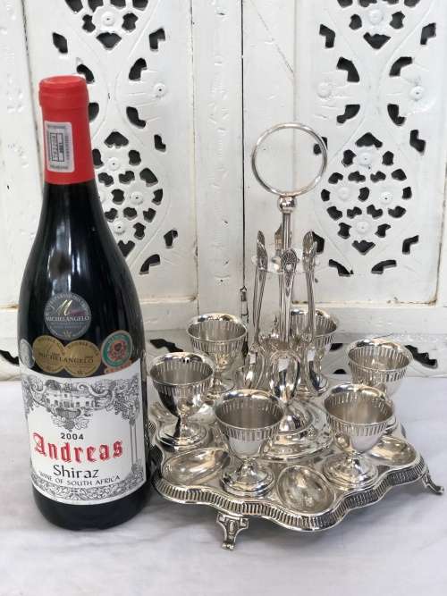 WOW !!! FANTASTIC LARGE SILVERPLATE EGG CADDY WITH 6 CUPS AND SPOONS - JAMES DIXON AND SONS