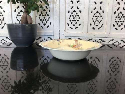 Discontinuid Art Deco Landscape & Flowers Salad Bowl "The Old Mill" By Grindley Tunstall England