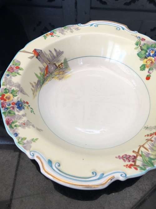 Discontinuid Art Deco Landscape & Flowers Salad Bowl "The Old Mill" By Grindley Tunstall England