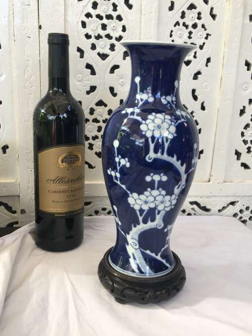 Absolutely Beautiful Hand Painted 26 cm Tall Chinese Kangxi Double Blue Ring Prunus Baluster Vase.