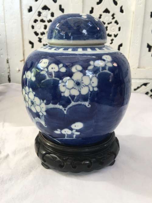 Absolutely Beautiful Old Hand Painted  Chinese Kangxi Double Blue Ring Prunus Ginger Jar.