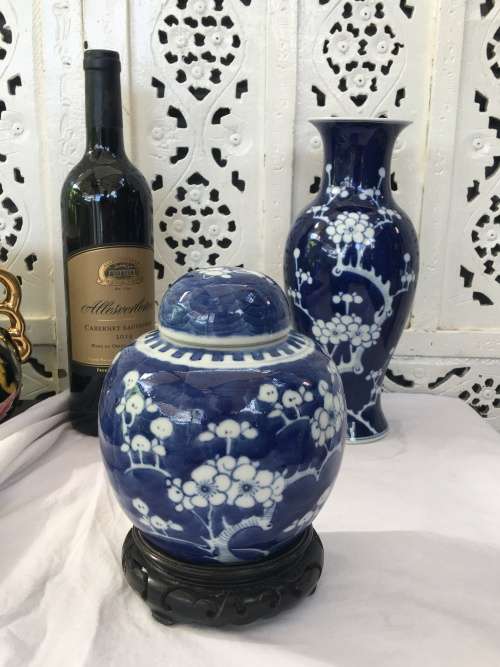 Absolutely Beautiful Old Hand Painted  Chinese Kangxi Double Blue Ring Prunus Ginger Jar.