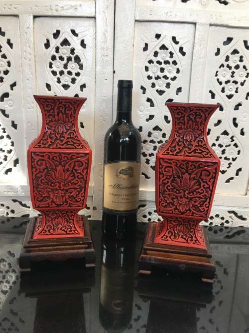 Magnificent Set Antique Chinese Cinnabar Square Vases on Rosewood Stand! Flower Design of Longevity.