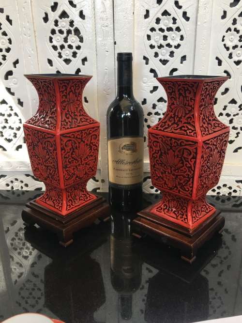 Magnificent Set Antique Chinese Cinnabar Square Vases on Rosewood Stand! Flower Design of Longevity.