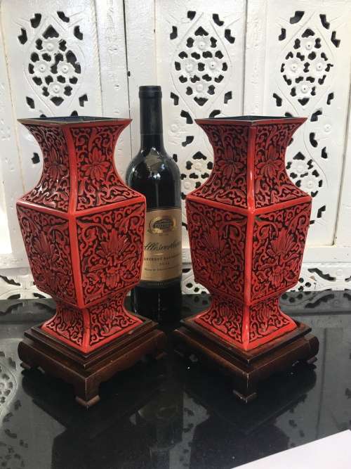 Magnificent Set Antique Chinese Cinnabar Square Vases on Rosewood Stand! Flower Design of Longevity.