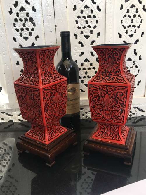 Magnificent Set Antique Chinese Cinnabar Square Vases on Rosewood Stand! Flower Design of Longevity.