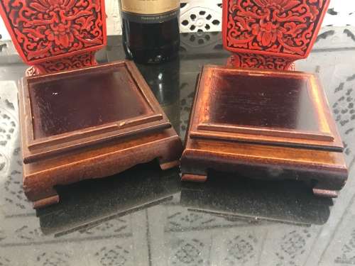 Magnificent Set Antique Chinese Cinnabar Square Vases on Rosewood Stand! Flower Design of Longevity.