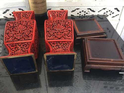 Magnificent Set Antique Chinese Cinnabar Square Vases on Rosewood Stand! Flower Design of Longevity.