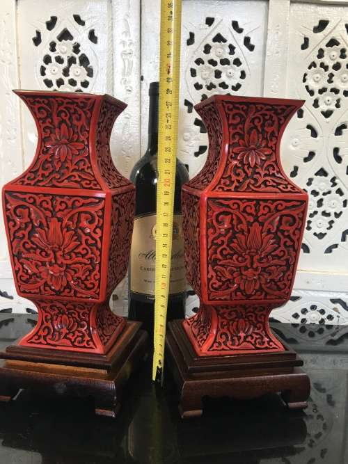 Magnificent Set Antique Chinese Cinnabar Square Vases on Rosewood Stand! Flower Design of Longevity.