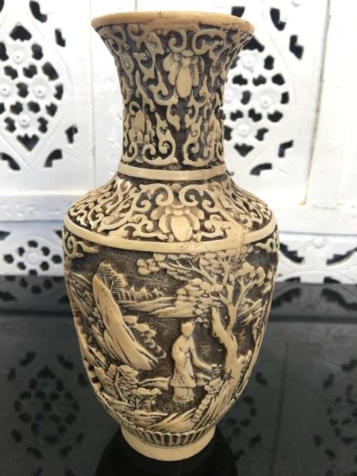 Antique Chinese Carved Cinnabar Vase With lots of character. Age related wear