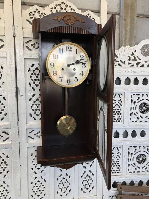 WHAT A BEAUTY !!! ANTIQUE GUSTAV BECKER MAHOGANY CASED WALL CLOCK CIRCA  EARLY 1900's WORKING 100%