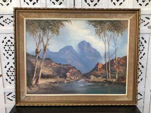 WOW !!! DONITA BENZIEN - GORGEOUS OIL ON BOARD LANDSCAPE PAINTING IN A LOVELY VINTAGE FRAME