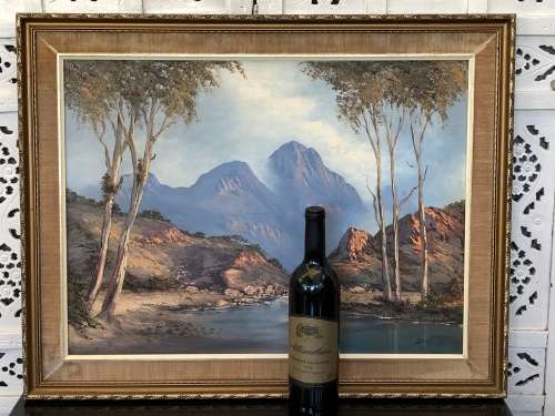 WOW !!! DONITA BENZIEN - GORGEOUS OIL ON BOARD LANDSCAPE PAINTING IN A LOVELY VINTAGE FRAME