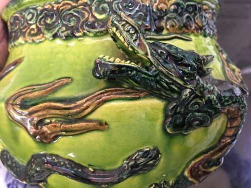 Magnificent Detailed Antique Japanese Meiji  Awaji Flambe Glazed Moriage Dragon Jardiniere.