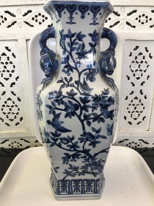 Large & Heavy Underglazed Blue Vase Pomegranate Handles.Hand Painted Birds in Tree. markings