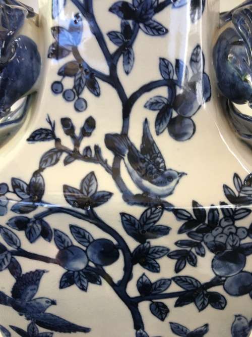 Large & Heavy Underglazed Blue Vase Pomegranate Handles.Hand Painted Birds in Tree. markings