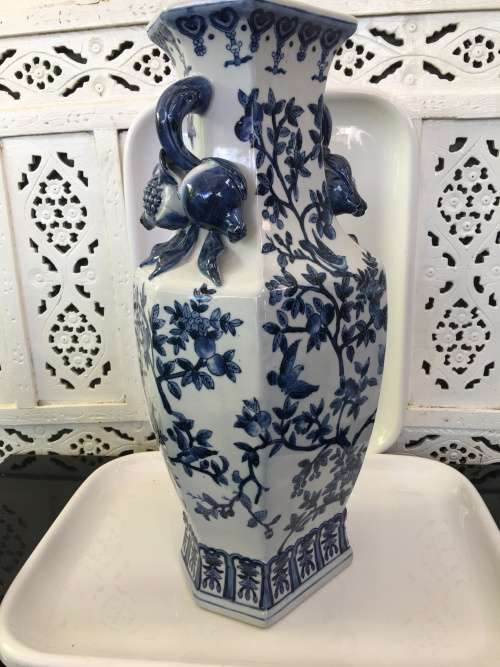 Large & Heavy Underglazed Blue Vase Pomegranate Handles.Hand Painted Birds in Tree. markings
