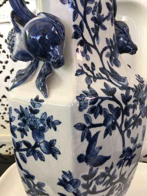 Large & Heavy Underglazed Blue Vase Pomegranate Handles.Hand Painted Birds in Tree. markings