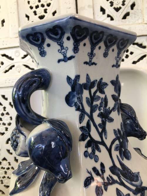 Large & Heavy Underglazed Blue Vase Pomegranate Handles.Hand Painted Birds in Tree. markings