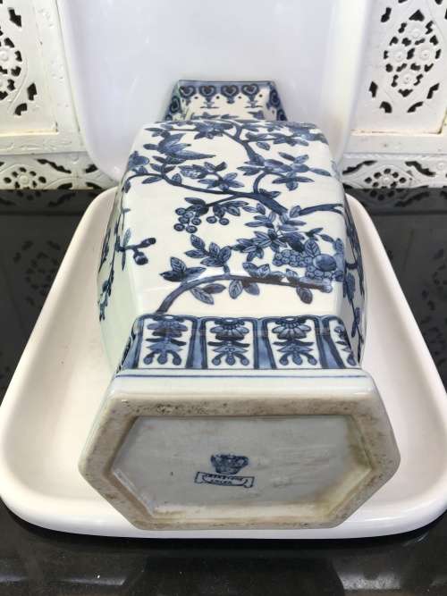 Large & Heavy Underglazed Blue Vase Pomegranate Handles.Hand Painted Birds in Tree. markings