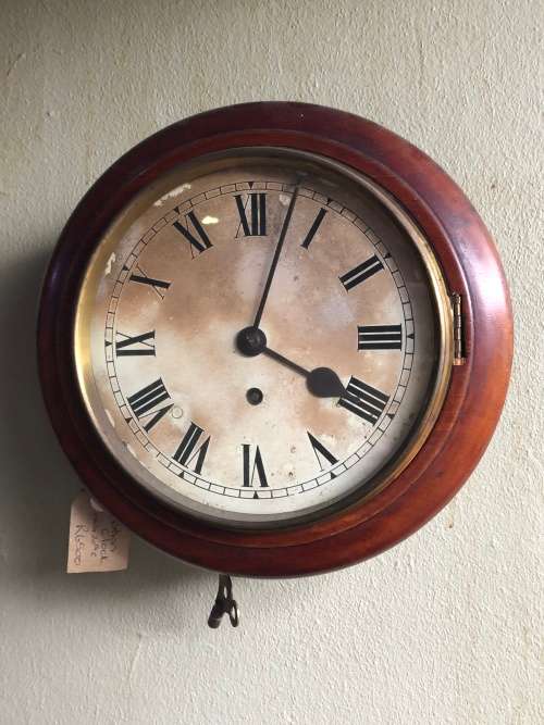 WOW !! STUNNING 1860's MAHOGANY CASED FUSEE MOVEMENT STATION CLOCK - WORKING 100%