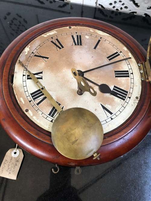 WOW !! STUNNING 1860's MAHOGANY CASED FUSEE MOVEMENT STATION CLOCK - WORKING 100%