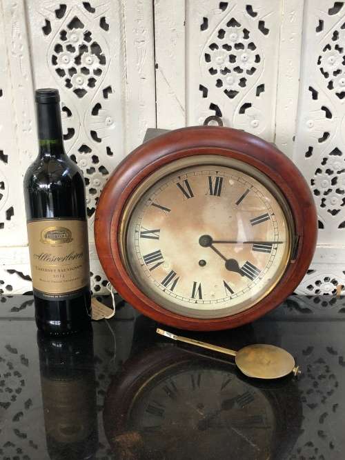 WOW !! STUNNING 1860's MAHOGANY CASED FUSEE MOVEMENT STATION CLOCK - WORKING 100%