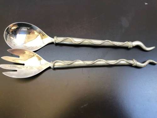 WOW !!! VINTAGE CARROL BOYES PEWTER SALAD SERVERS - TORCH PATTERN