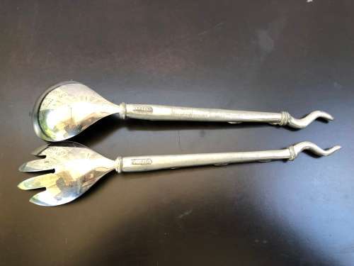WOW !!! VINTAGE CARROL BOYES PEWTER SALAD SERVERS - TORCH PATTERN